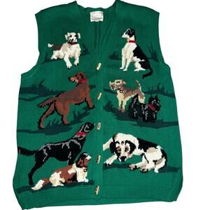 Susan Bristol Vintage Dog breed Sweater Vest Green Knit 90s Cottagecore Large